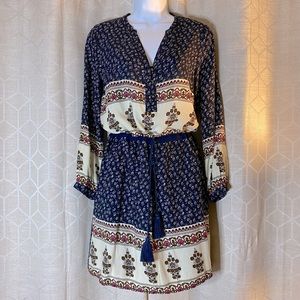 Entro Long Sleeve Bohemian Print Dress with Drawstring waist.